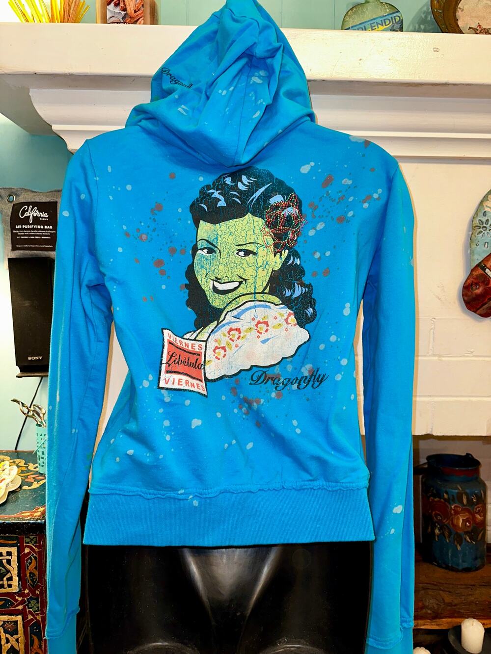 VINTAGE NWT 90's DRAGONFLY ROCK N ROLL VISION PINUP RETRO HOODIE